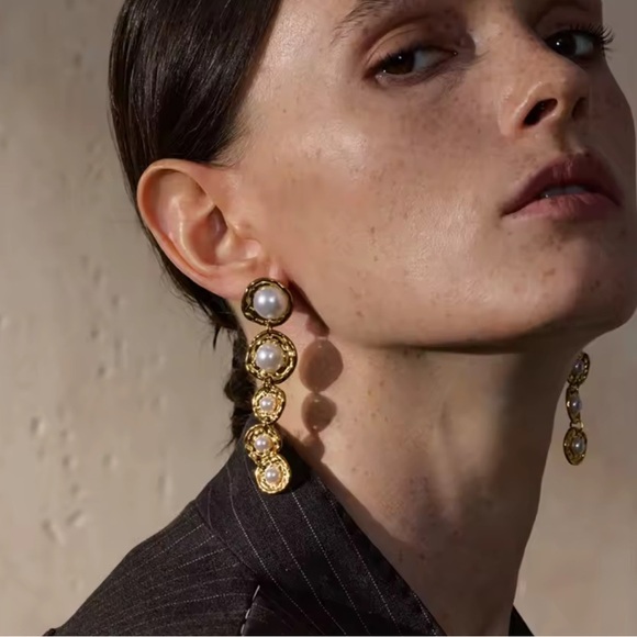 Gold Drop Earrings with Imitation Pearls – Stainless Steel, Real Gold Plated - Picture 3 of 17